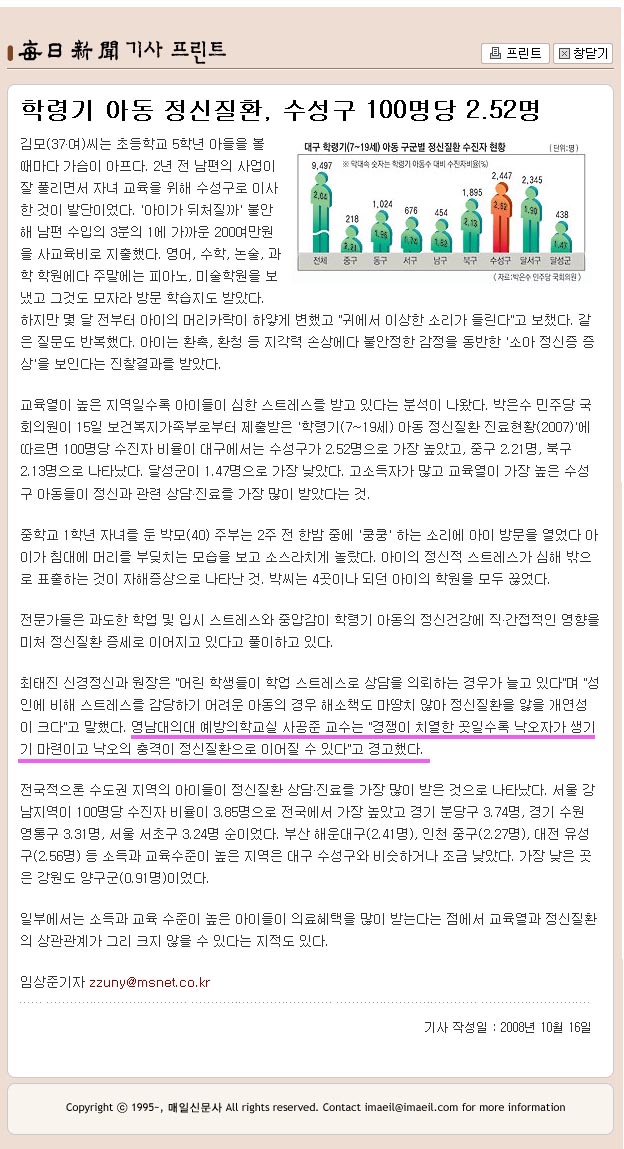 학령기 아동 정신질환, 수성구 100명당 2.52명 - 사공준 교수 - 10-16사공준 이미지
